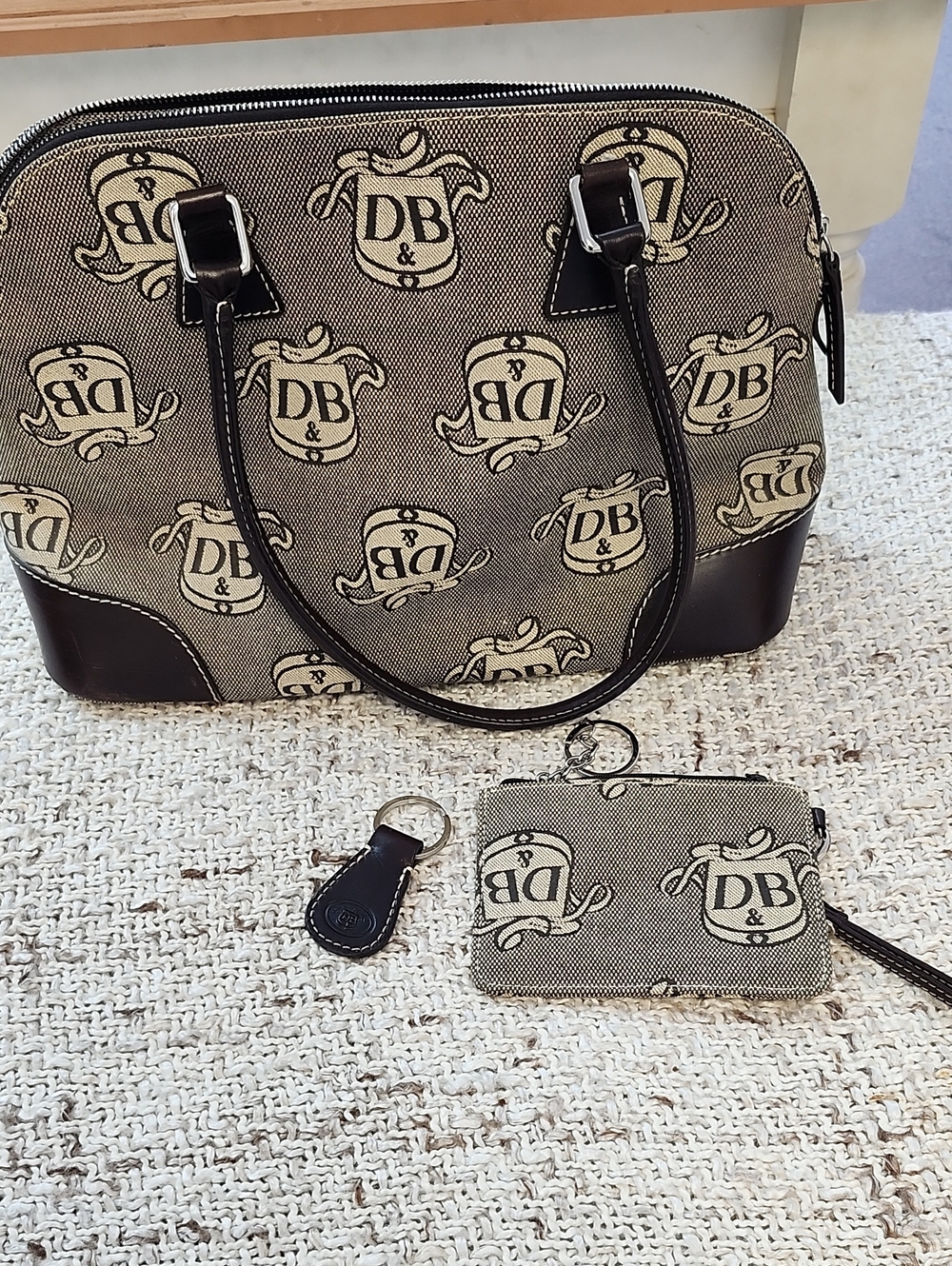 Dooney & Bourke Beige and Brown DB Monogram Satchel with Pouch